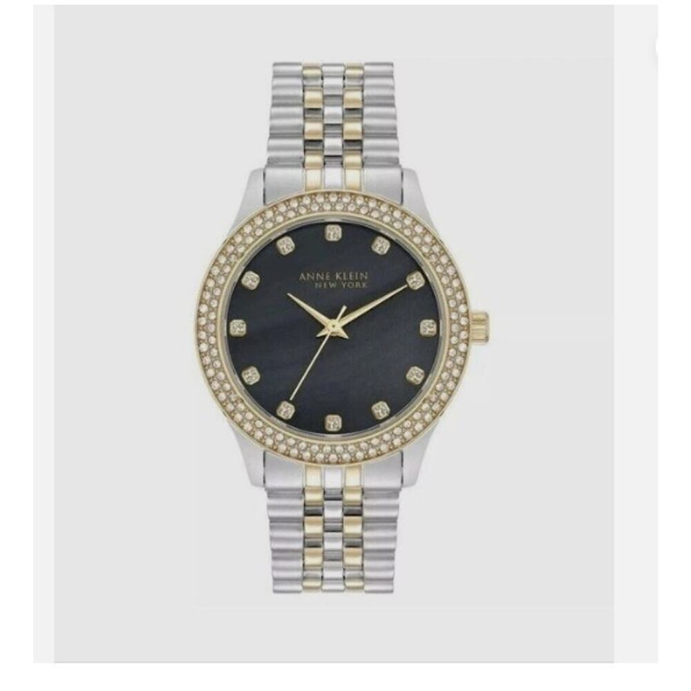 Anne Klein 12/7743BMTT Women's 36mm Crystal Accent Black MOP Dial Watch